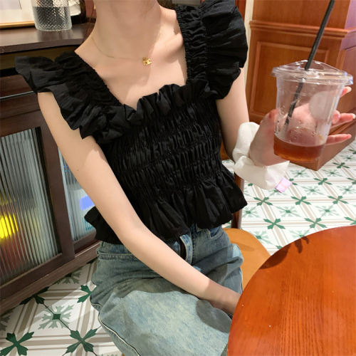 Actual shot and real price ~ one-shoulder, square-neck, flying-sleeve shirt with design, fashionable temperament, retro shirt top for women