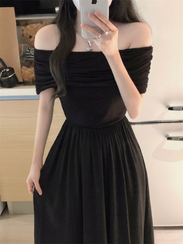 Actual shot and real price ~ French dress, high-end, socialite, one-shoulder, high-waisted, slimming, black mid-length skirt for women