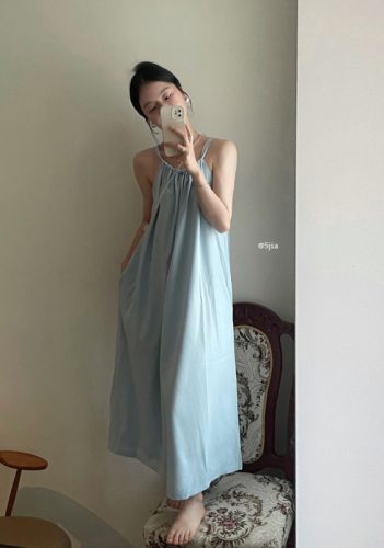 Real shot and real price Korean chic design sling drawstring simple temperament light blue pocket long skirt