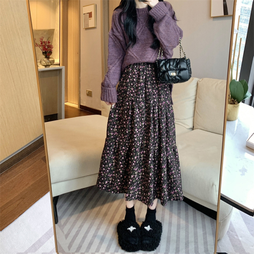 Actual shot and real price ~ Gentle style floral high-waisted A-line skirt, sweet and ladylike floral print mid-length skirt with large hem