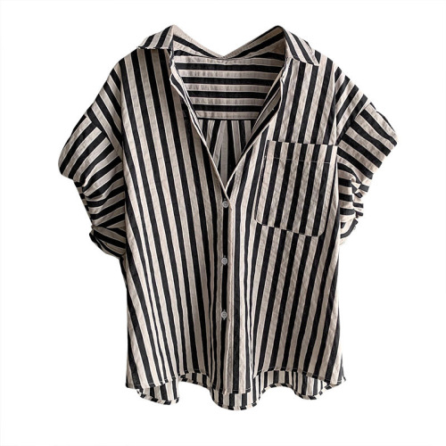 Actual shot ~ 2023 spring and summer women's POLO collar short-sleeved simple loose trendy ins style striped dropped shoulder sleeves slim shirt