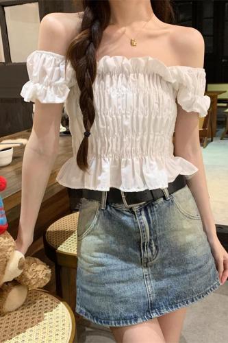 Actual shot and real price ~ one-shoulder, square-neck, flying-sleeve shirt with design, fashionable temperament, retro shirt top for women