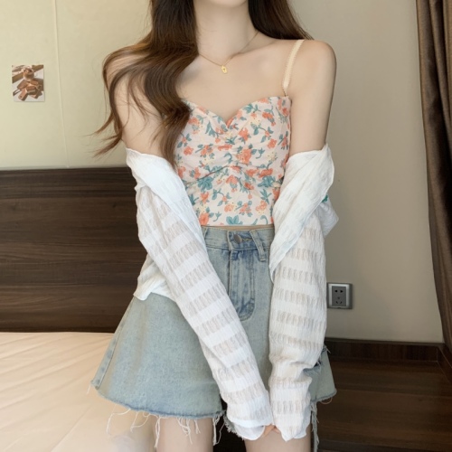 Real shot and real price Summer Korean style thin sun protection knitted cardigan jacket + sweet floral camisole for women