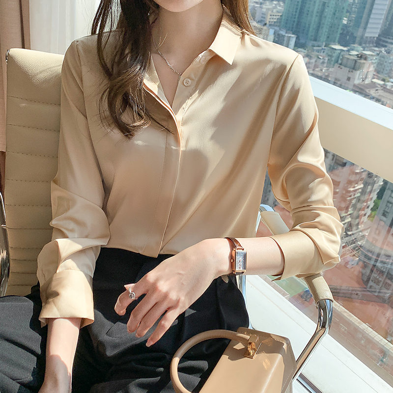 Actual shot of 2024 spring new long-sleeved tops satin shirts for women design niche chiffon professional chiffon shirts for women