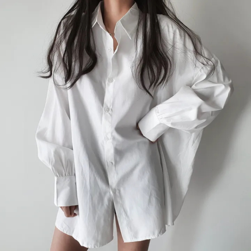 Korean chic cardigan jacket POLO collar lantern long-sleeved shirt loose casual top shirt dress