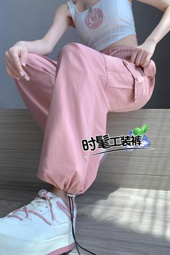 Real shot of pink overalls for women in summer 2023 new hot girl casual high-waisted wide-leg pants quick-drying American sports pants