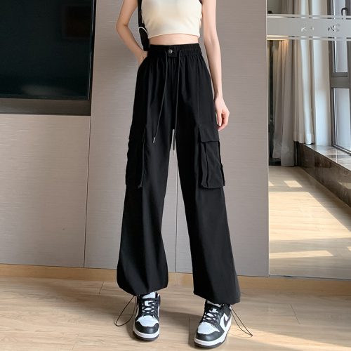 Real shot of American black overalls for women 2023 summer new style quick-drying high-waisted loose leg-tie wide-leg casual pants