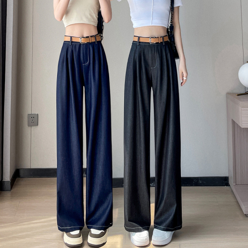 Real shot of Tencel denim wide-leg pants for women  summer new ice silk high-waist drape loose straight floor-length mopping pants