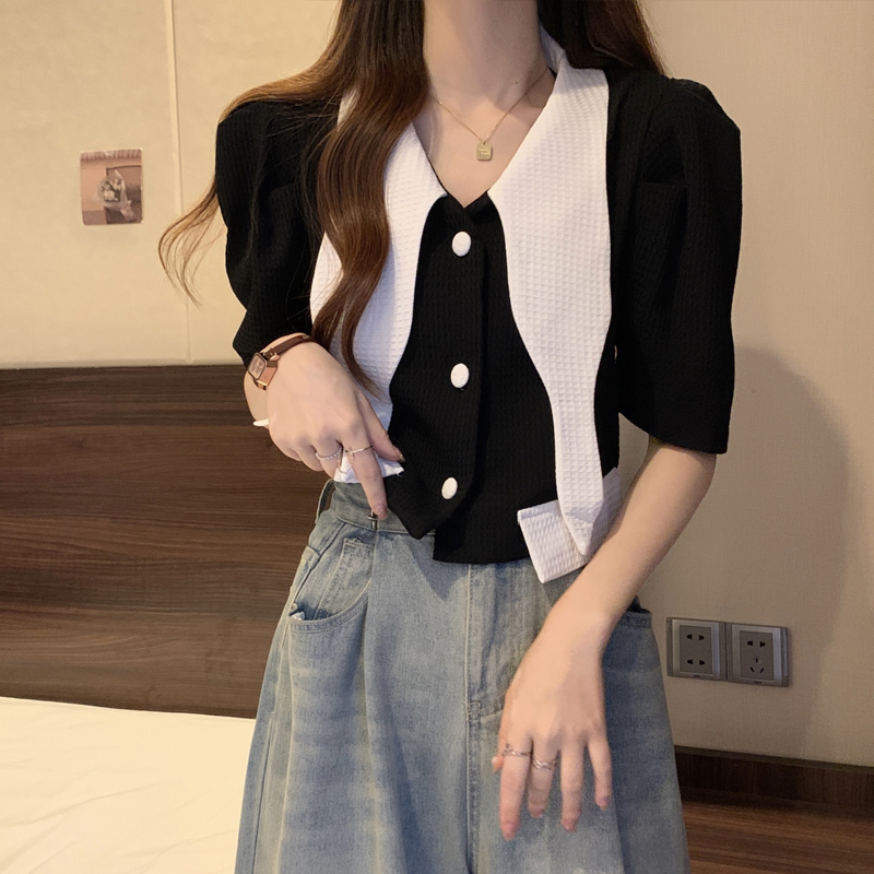 Real shot of large size summer 2023 new style small fragrance design puff sleeve shirt chic slim short top for women