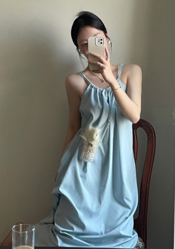 Real shot and real price Korean chic design sling drawstring simple temperament light blue pocket long skirt