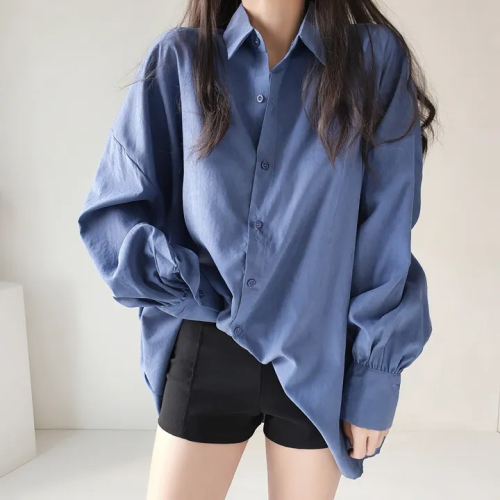 Korean chic cardigan jacket POLO collar lantern long-sleeved shirt loose casual top shirt dress