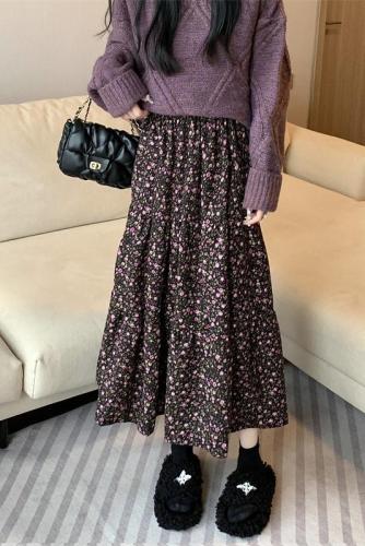 Actual shot and real price ~ Gentle style floral high-waisted A-line skirt, sweet and ladylike floral print mid-length skirt with large hem