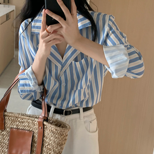 Actual price, real shot, bean blue vertical striped shirt for women, long-sleeved design, layered chic top