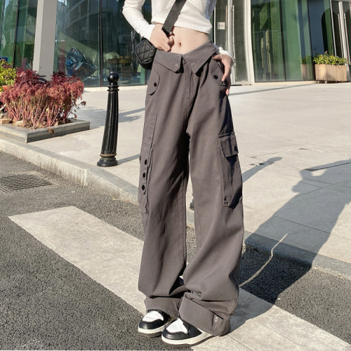 Actual shot 65 American-style buttoned high-waisted straight overalls with flap waist and casual trousers