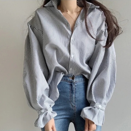 Size Update Spring Korean Design Niche Pinstripe Loose Shirt Women's Simple Versatile Long Sleeve Top