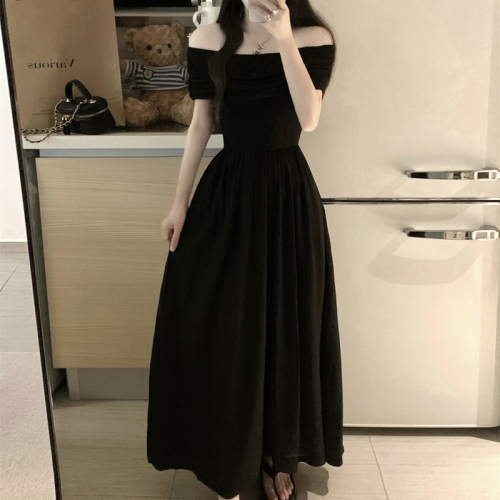 Actual shot and real price ~ French dress, high-end, socialite, one-shoulder, high-waisted, slimming, black mid-length skirt for women