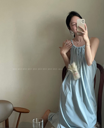 Real shot and real price Korean chic design sling drawstring simple temperament light blue pocket long skirt