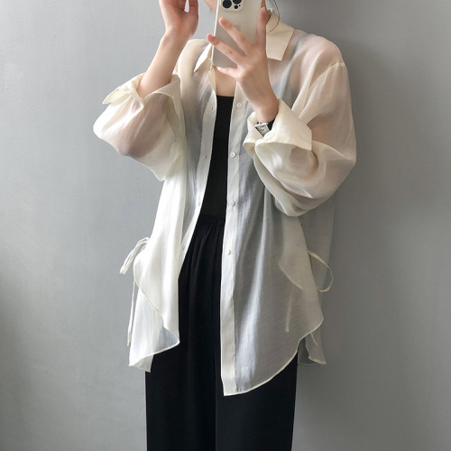 Real shot ~ Lace-up design shirt for women  new summer Korean style shirt, light and loose sun protection clothing