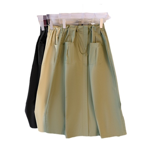 Real shot of large size 2024 spring new style fat girl design high waist drawstring mid-length a-line workwear skirt for women