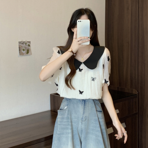 Real shot of large size French chic doll collar shirt for women 2023 summer new style fat mm loose slimming shirt