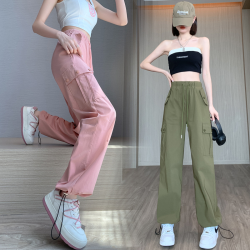 Real shot of pink overalls for women in summer 2023 new hot girl casual high-waisted wide-leg pants quick-drying American sports pants