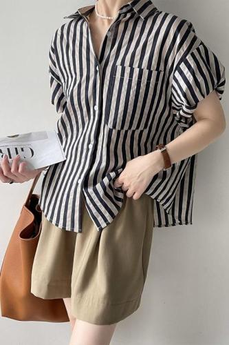 Actual shot ~ 2023 spring and summer women's POLO collar short-sleeved simple loose trendy ins style striped dropped shoulder sleeves slim shirt