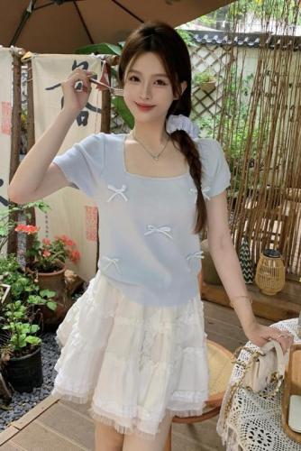 Real shot of summer new hot girl bow dopamine color short square collar slim short-sleeved T-shirt