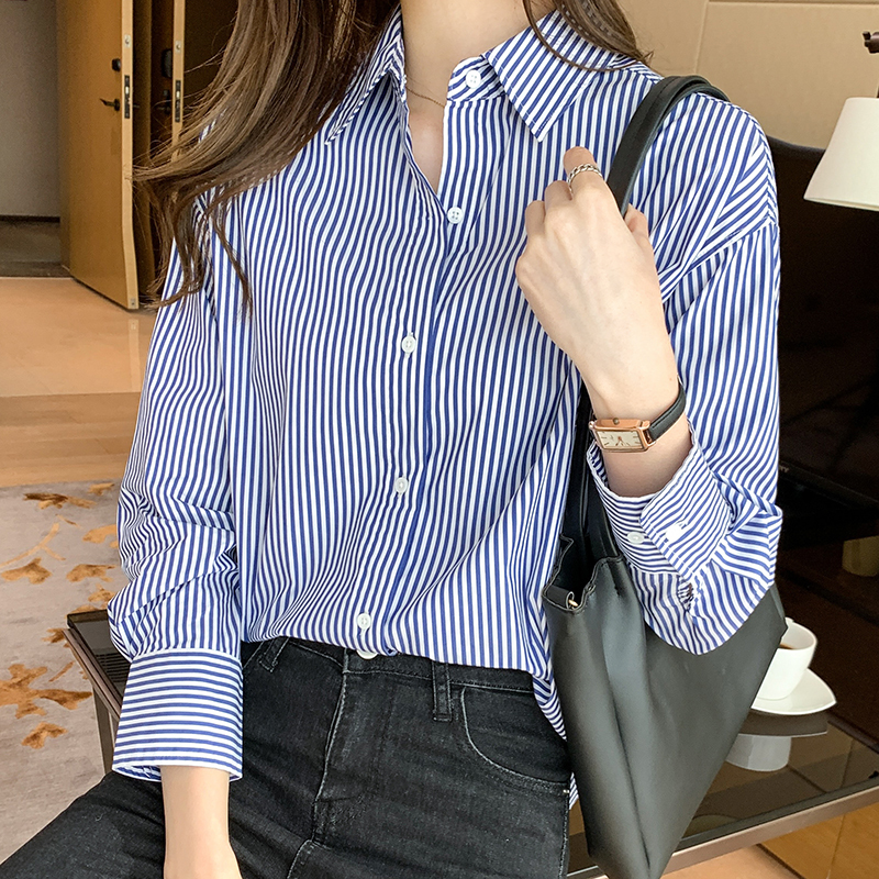 Actual shot of striped shirt for women 2023 spring new Korean style loose inner and outer professional shirt versatile cotton top