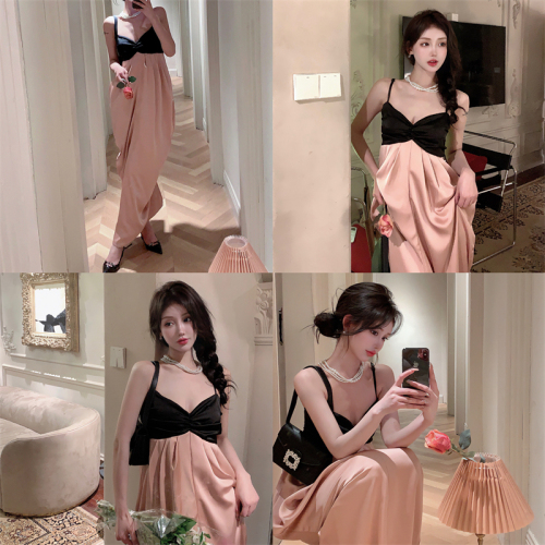 Actual shot and real price ~ French high-waist dress ins high-end contrasting color tea break French temperament bud suspender long skirt