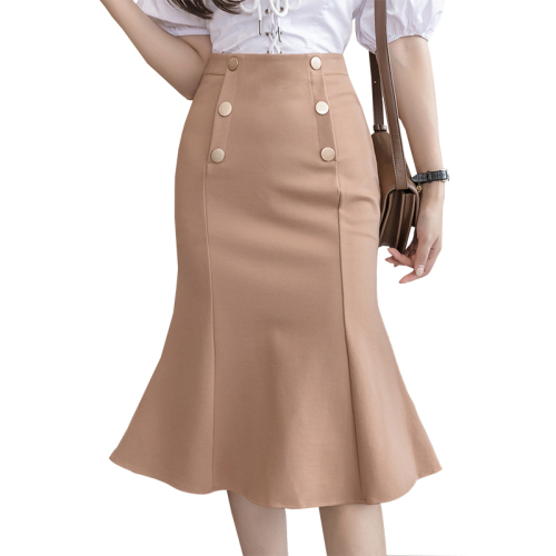 Real shot of new Korean style women's super slim skirt slim high waist mid-length skirt double breasted fishtail hip skirt