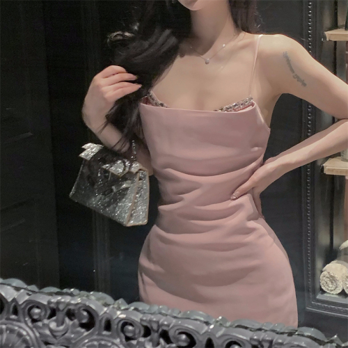 Real shot and real price~Beverly Socialite Pearl Diamond Temperament Light Luxurious Swing Collar Strap Top Dress