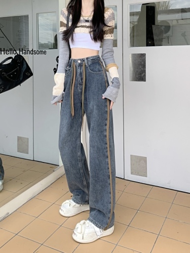 Actual shot of 2024 spring and autumn new style drawstring design jeans for women, high waist slimming straight wide leg floor-length trousers trendy
