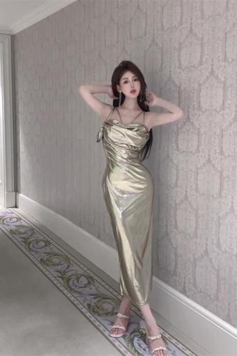 ~Hot Girl Metallic Swing Collar Pure Lust Wind Pleated Waist Slimming Sexy Suspender Dress