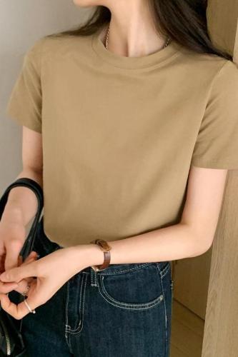 Actual pictures of classic basic short-sleeved T-shirts for women, summer solid color, simple, slimming, layered bottoming tops for women.