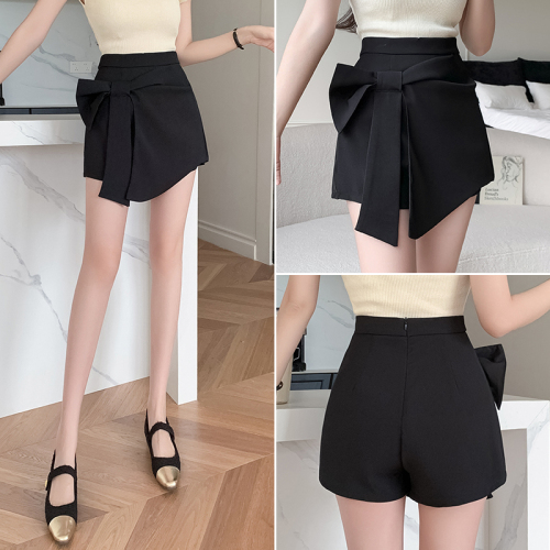 Real shot of black short culottes for women spring  bow design high waist wide leg shorts petite skirt