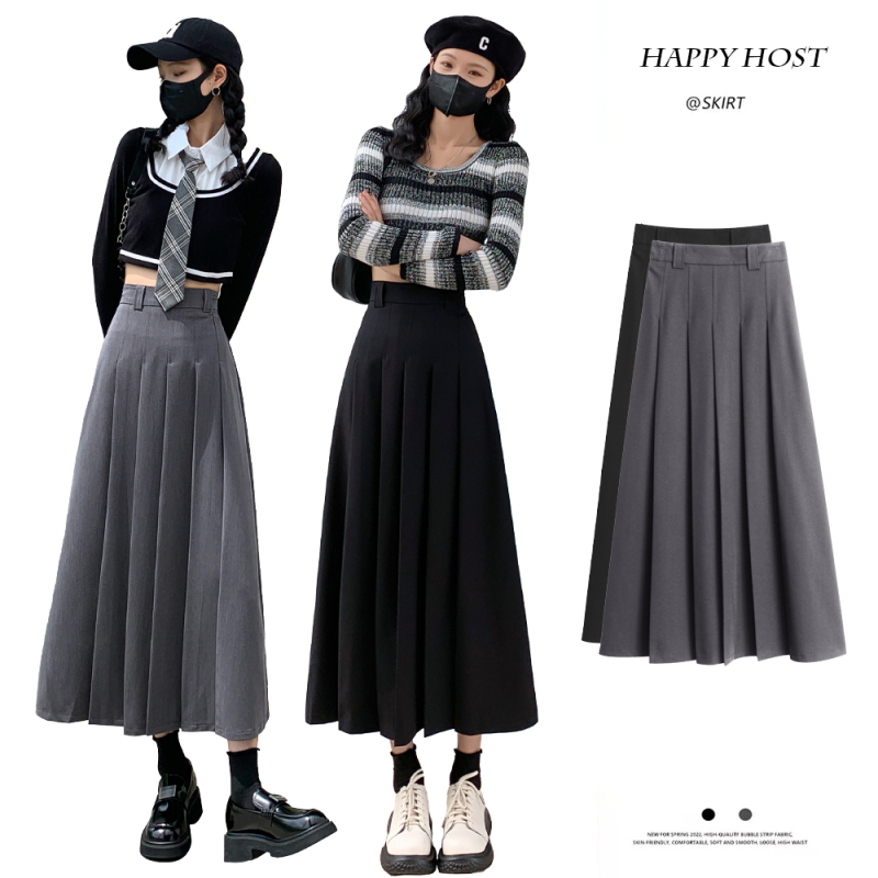 Bella Wind Pressed Pleated Skirt Women's Autumn High Waisted Mid-Length A-Line Black Pleated Skirt Looks Thin and Temperamental and Versatile
