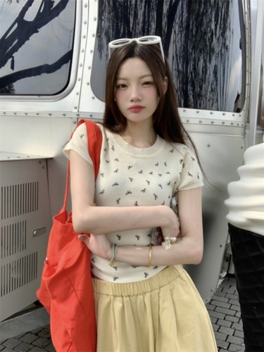 Actual shot and real price ~ 2024 summer Korean style bow-knot printed knitted top + versatile high-waist slimming wide-leg pants