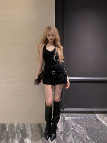Actual shot and real price ~ Hot girl's pure desire v-neck halterneck backless ruffled waist slimming craft suspender skirt dress
