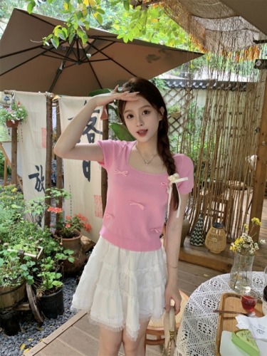 Real shot of summer new hot girl bow dopamine color short square collar slim short-sleeved T-shirt