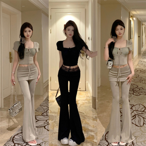 Actual photos and real prices ~ hot girl lace splicing straps slim fit top + high waist micro-flared casual pants suit