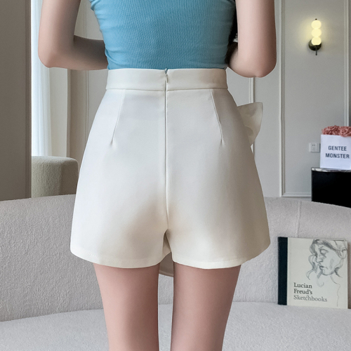 Real shot of black short culottes for women spring 2023 bow design high waist wide leg shorts petite skirt