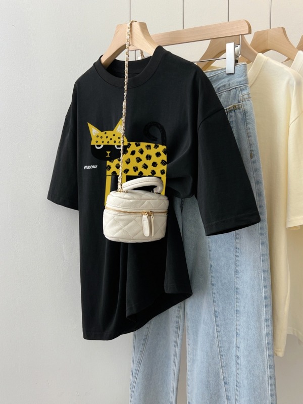 200g combed compact offspun pure cotton back strip Spring and summer loose right shoulder printed short-sleeved T-shirt