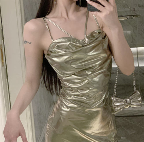 ~Hot Girl Metallic Swing Collar Pure Lust Wind Pleated Waist Slimming Sexy Suspender Dress