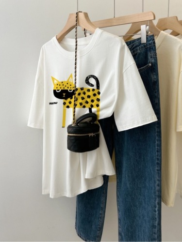 200g combed compact offspun pure cotton back strip Spring and summer loose right shoulder printed short-sleeved T-shirt