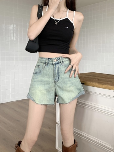 2023 new summer style retro American raw edge thin stretch versatile shorts cuffed wide leg denim shorts for women