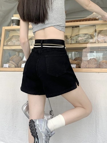2023 new summer Korean style design niche personalized drawstring lace slimming high waist wide leg denim shorts