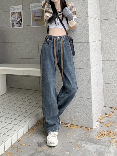 Actual shot of 2024 spring and autumn new style drawstring design jeans for women, high waist slimming straight wide leg floor-length trousers trendy