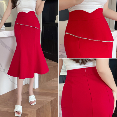 Real shot 2023 fishtail skirt for women all seasons high-waist slim hip-covering skirt retro temperament mid-length one-step skirt