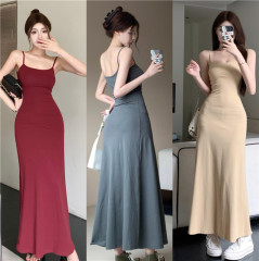Actual shot of real-priced sexy hot girl slimming and slimming three-color butt-covering street elegant high-end A-line elastic suspender long skirt