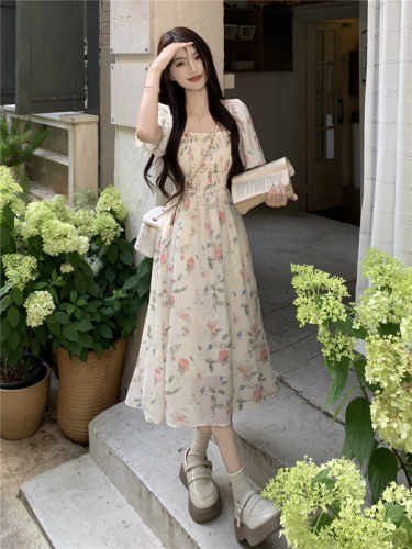 Real shot French square neck small fresh floral dress for women summer gentle style waist slimming mid-length A-line skirt